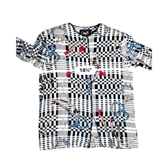 Vintage Corey B. 100% Silk Equestrian Blouse Black/White Checkered Women 8 - Picture 4 of 6